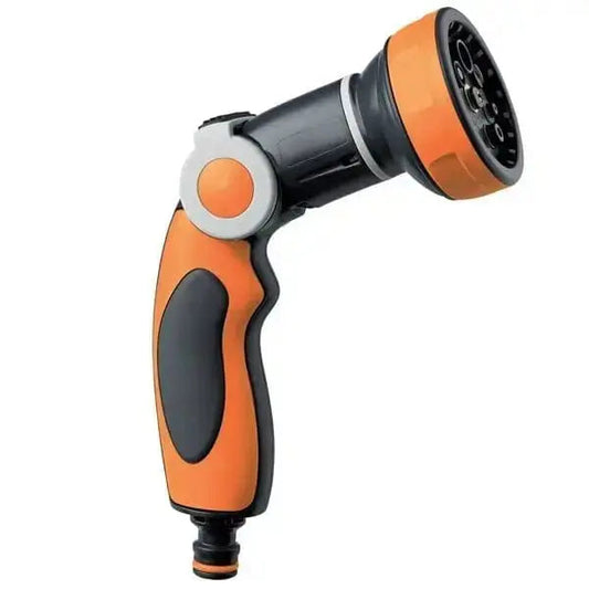 Pistola irrigazione 8 jet basic plus con regolatore modulatore di portata e 8 getti selezionabili, design ergonomico e rivestimento antiscivolo.