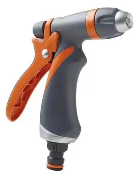Pistola irrigazione in metallo 3547 con impugnatura in gomma ergonomica e getto regolabile. Ideale per giardinaggio e uso domestico.