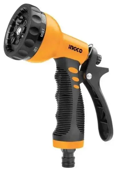 Pistola irrigazione 9 getti INGCO con impugnatura ergonomica in TPR e corpo in ABS, ideale per giardinaggio e irrigazione domestica.