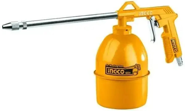 Pistola per lavaggio ad aria compressa 0.75l Ingco con contenitore da 750 ml e ugello lungo 215 mm, ideale per pulizie industriali e auto.