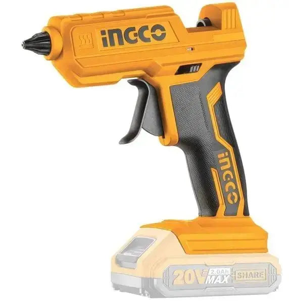 Pistola termocollante a batteria litio 20v nuda INGCO con impugnatura ergonomica e design compatto, ideale per incollaggi rapidi e precisi.