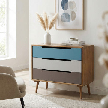 Mobile con struttura MDF, gambe pino, top marrone, 3 cassetti colorati