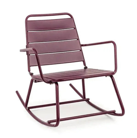 Dondolo poltrona Lillian colore bordeaux in acciaio verniciato a polvere, perfetto per giardini e terrazze moderne.