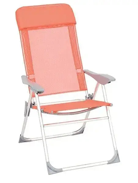 Poltrona relax reclinabile arancione a 5 posizioni con struttura in alluminio Ø 22 mm e telo in texilene, ideale per spiaggia o giardino.