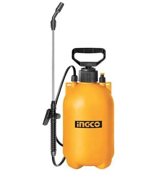 Pompa a pressione INGCO lt.5 con lancia in acciaio e tubo flessibile, ideale per giardinaggio e pulizia. Dotata di tracolla per facile trasporto.