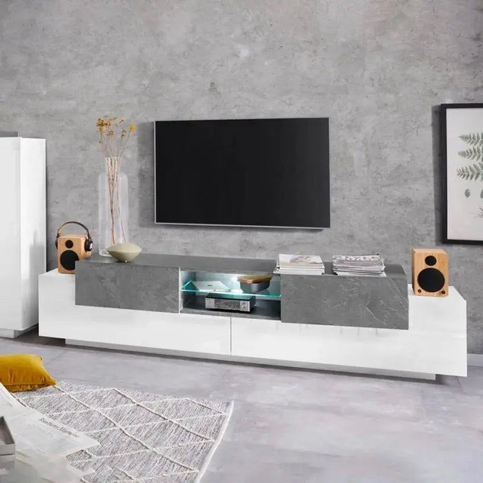 Porta TV Moderno NEW CORO con 2+2 ante battenti, ripiano in vetro bianco e ardesia Porta tv Italy Web forniture   