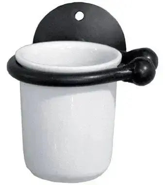 Portaspazzolino in ferro battuto e ceramica bianca con supporto da parete nero, ideale per arredo bagno elegante - Hobby Shop Solution.