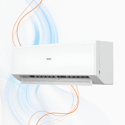 Unità esterna del climatizzatore Haier Revive con ventola e griglia protettiva, logo Haier blu, per installazione esterna efficace e silenziosa