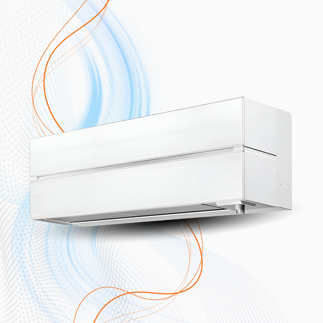 Unità interna Mitsubishi con finitura bianca, design minimalista, sistema di climatizzazione silenzioso, controllo remoto Wi-Fi, alta efficienza energetica