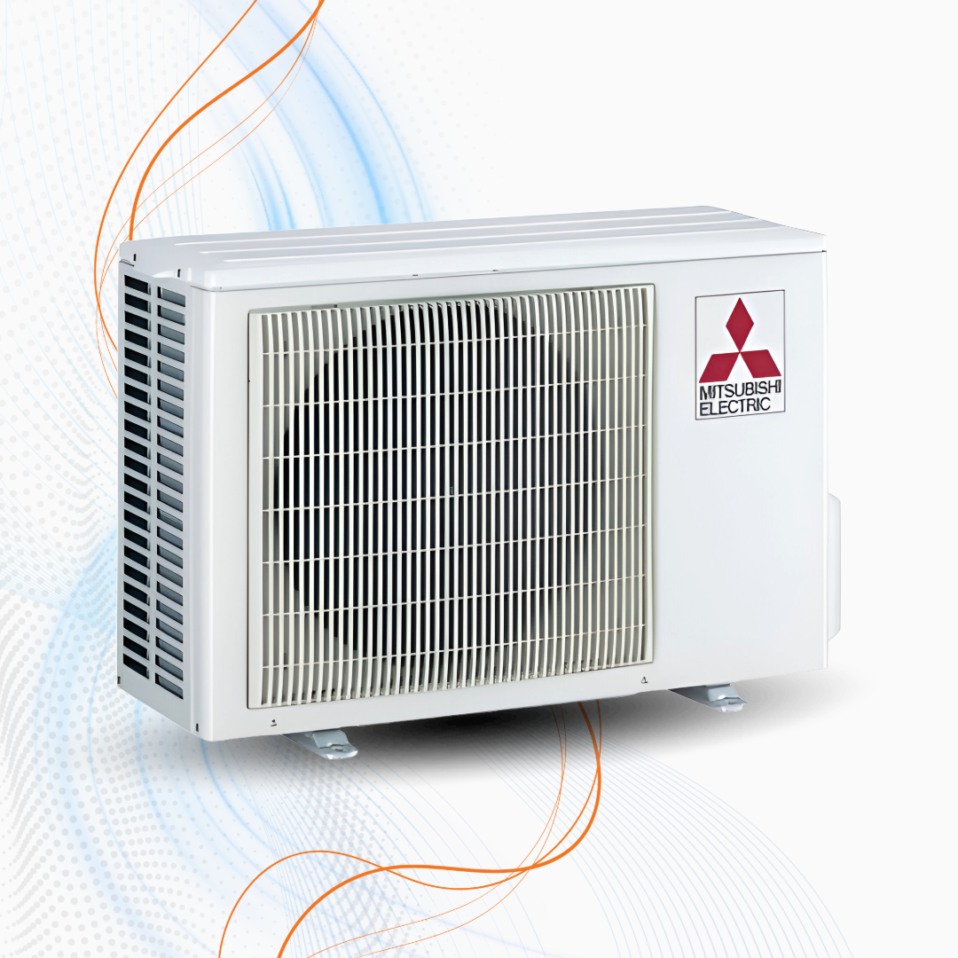 Unità esterna climatizzatore Mitsubishi con compressore, griglia di ventilazione e logo Mitsubishi, ideale per sistemi di climatizzazione