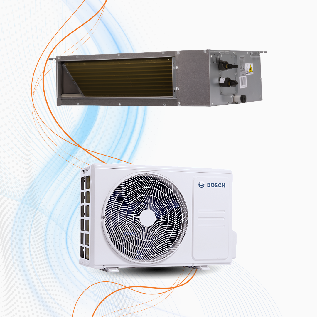 Unità interna del climatizzatore Bosch Canalizzato Climate 5000i, bianca, compatta, con grilletta di ventilazione rotonda, ideale per controllo clima domestico