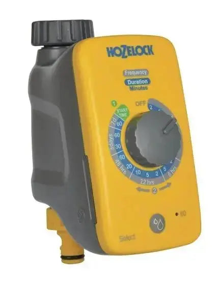 Programmatore irrigazione 16 prog. Hozelock giallo e grigio con selettore rotativo per durata e frequenza, ideale per impianti a caduta.