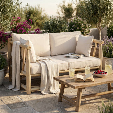 Divano 2 posti in teak con cuscini in poliestere 131,5x92x77 cm