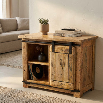 Mobile porta TV in legno di mango con anta scorrevole e 4 ripiani