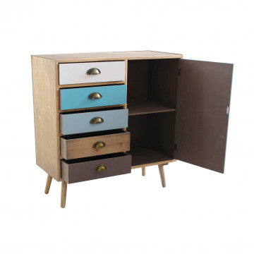 Mobiletto con struttura MDF, gambe legno pino, top naturale, 1 anta e 5 cassetti