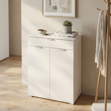 Mobiletto bianco 75x38x112 cm con 2 ante e 1 cassetto in truciolare