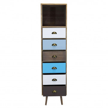 Mobiletto con struttura MDF, gambe pino, top naturale, 1 ripiano e 6 cassetti