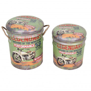 Set 2 pouf contenitore tondo struttura MDF metallo rivestimento PVC coperchio imbottito