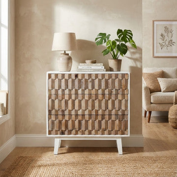 Mobile bianco con 3 cassetti in legno, decoro naturale, 88x45x89 cm