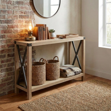 Mobile in ferro e legno con 2 ripiani, dimensioni 115,50x37x82 cm