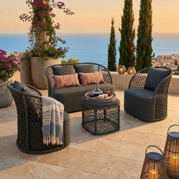 Salotto con struttura in alluminio, corda PVC e rivestimento poliestere-cotone