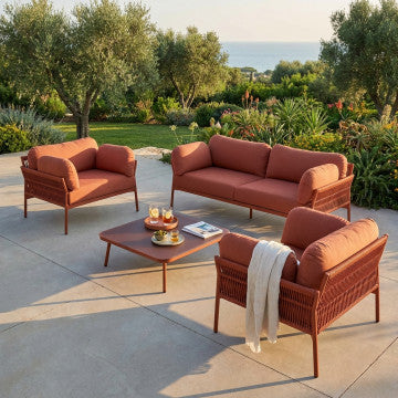 Divano 3 posti con poltrona e tavolino, struttura alluminio, rivestimento corda PVC