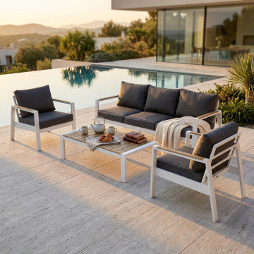 Salotto in alluminio e polywood con cuscini, divano 201x84 cm
