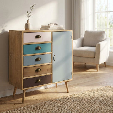 Mobiletto con struttura MDF, gambe legno pino, top naturale, 1 anta e 5 cassetti