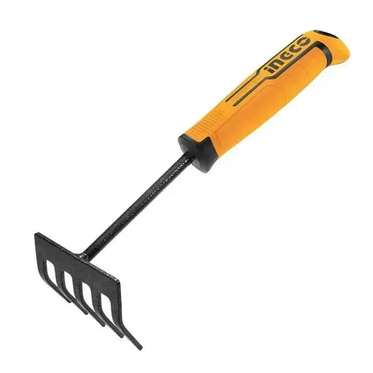 Rastrello-zappetta 270mm Ingco con manico ergonomico e asta in acciaio al carbonio, ideale per giardinaggio e agricoltura domestica.