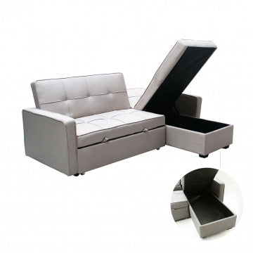 Divano letto in tessuto tortora, dimensioni 210x164 cm, altezza 89 cm