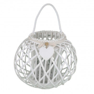Lanterna in vimini bianco e vetro con nastro pizzo, altezza 40 cm