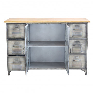 Mobile in ferro e legno con 2 ante e 6 cassetti, 124,5 x 40,5 x 83 cm