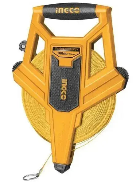 Rotella metrica professionale Ingco 12,5mm 100 mt con nastro in fibra di vetro, maniglia ergonomica e copertura in gomma per misurazioni precise.