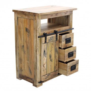 Mobile in legno di mango con anta scorrevole, ripiano e 3 cassetti