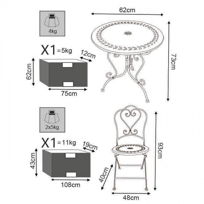 Set Tavolo e 2 Sedie Bistrot Acciaio Bianco 62x73h cm
