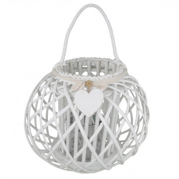 Lanterna in vimini bianco e vetro con nastro pizzo, altezza 40 cm