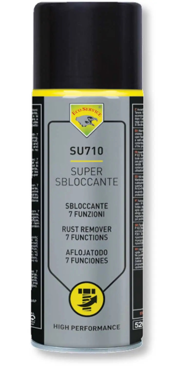 Spray sbloccante nero con etichetta grigia e logo giallo, prodotto antiruggine e lubrificante multiuso da 200 ml, ideale per lavori di manutenzione.
