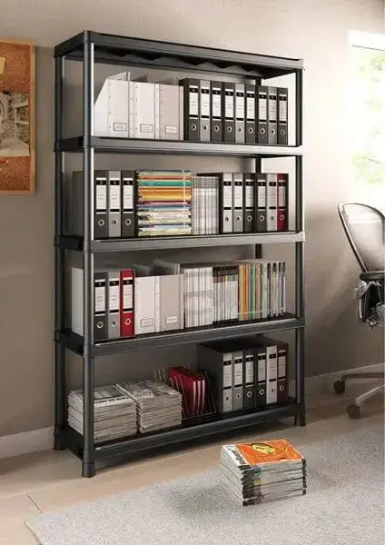Scaffale in resina PLUS 120x40x187H con 5 ripiani rinforzati, utilizzato per archiviazione di documenti e libri in ufficio.
