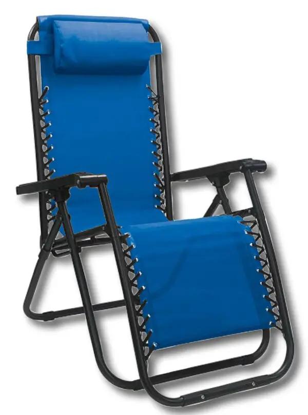 Sdraio reclinabile Zero Gravity con cuscino blu e struttura in acciaio robusto, ideale per il relax in giardino o terrazzo.