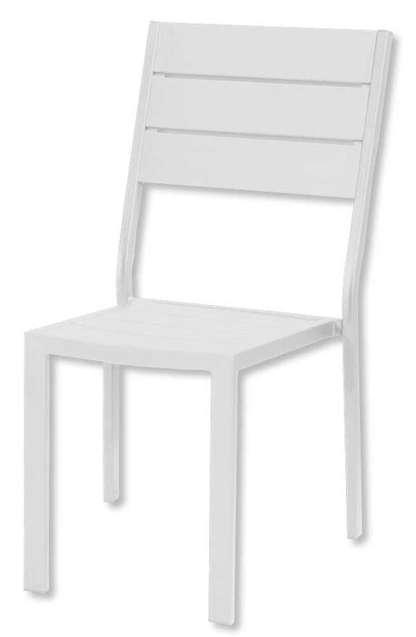 Tenerife Stuhl 62x45x88h cm – Lackiertes Metall und HDPE-Lamellen in weißer Holzoptik