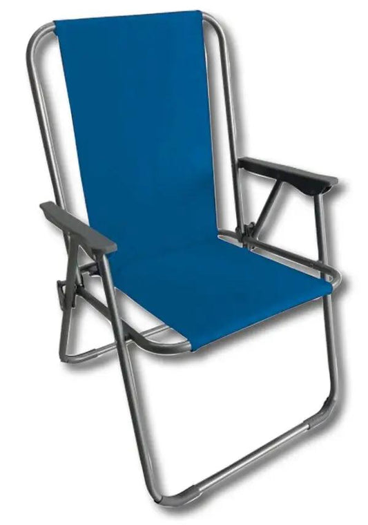 Sedia da spiaggia in tessuto Oxford blu con struttura in acciaio resistente e braccioli, ideale per relax al mare o in giardino.