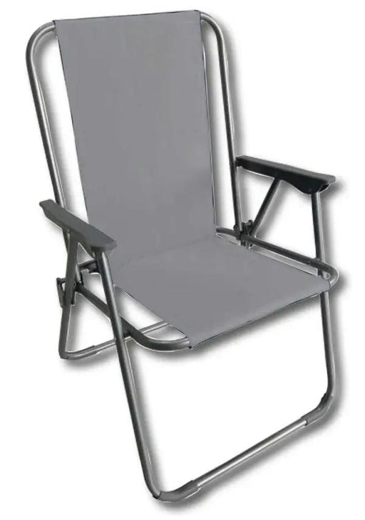 Sedia da spiaggia in tessuto Oxford grigio con struttura in acciaio e braccioli ergonomici, pratica per spiaggia o campeggio.