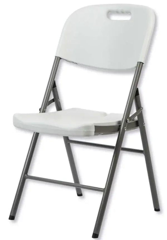 Sedia da giardino pieghevole in acciaio e resina bianca con struttura robusta, ideale per interni ed esterni. Perfetta per spazi limitati e facile da trasportare.