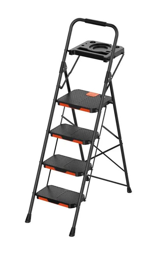 Scala a 4 gradini in acciaio nero con piattaforme antiscivolo e manico ergonomico, ideale per lavori domestici e professionali