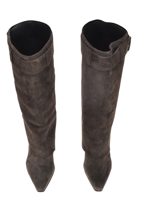 Stivali Texani Zana In Camoscio Con Struttura Tubolare E Fibbia Abbinata Sottopiede Imbottito E Zeppa 9 Cm