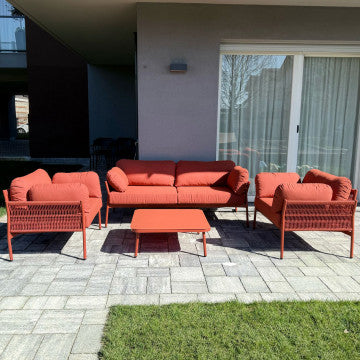 Divano 3 posti con poltrona e tavolino, struttura alluminio, rivestimento corda PVC