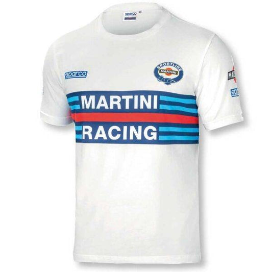 T-Shirt Martini Racing Bianca in cotone elasticizzato, con logo e strisce blu e rosse, disponibile in taglie S-2XL.