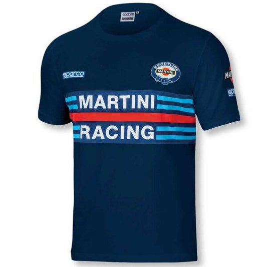 T-Shirt Martini Racing Blu, in cotone elasticizzato con logo e strisce colorate, leggera e versatile. Disponibile in taglie S-2XL.