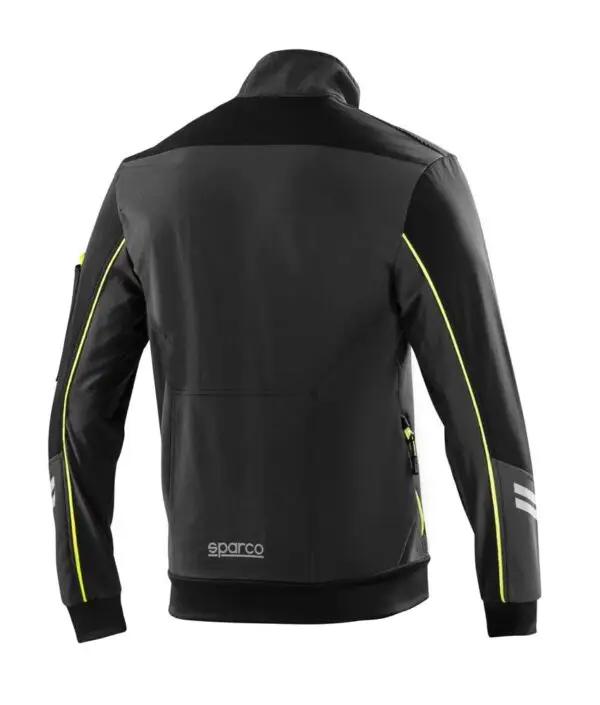 Retro della Giacca Antivento Light Shell Sparco nera con dettagli giallo fluo e riflettenti. Stile sportivo e funzionale per massima protezione.