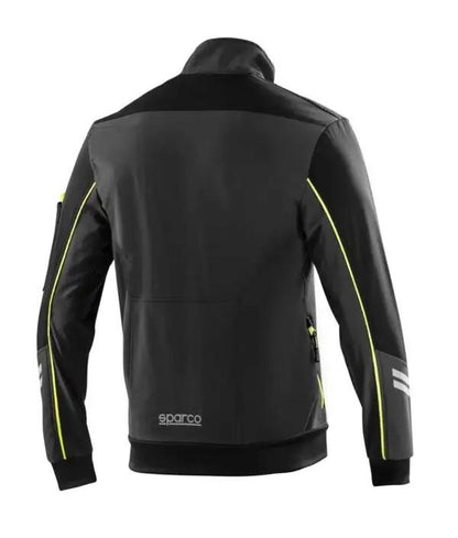 Retro della Giacca Antivento Light Shell Sparco nera con dettagli giallo fluo e riflettenti. Stile sportivo e funzionale per massima protezione.